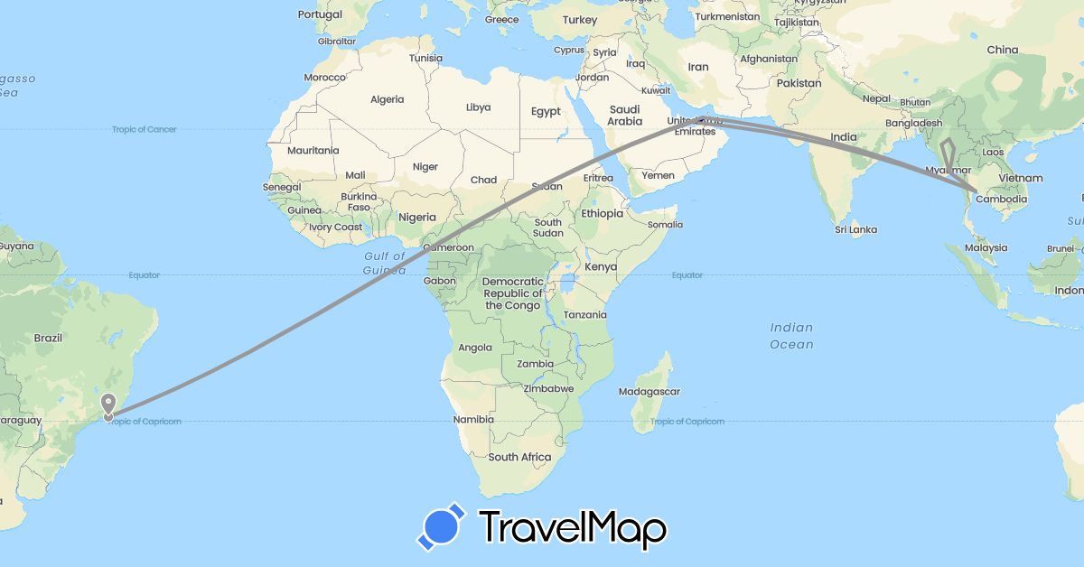 TravelMap itinerary: driving, plane in United Arab Emirates, Brazil, Myanmar (Burma), Thailand (Asia, South America)